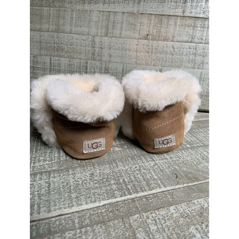UGG Lassen Baby Bootie Brown Suede Fur Trim Slip On Lined Comfort 12-18 Months